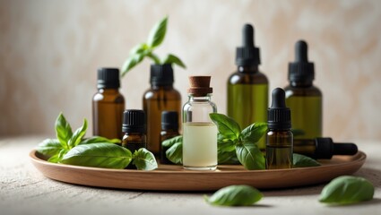 Naklejka premium Composition featuring essential oil bottles and basil arranged on a table