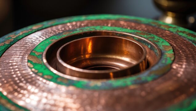 Copper surface featuring green circles resulting from oxidation.
