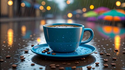 Blue coffee cup on rainy street with wet surface and city lights in background

