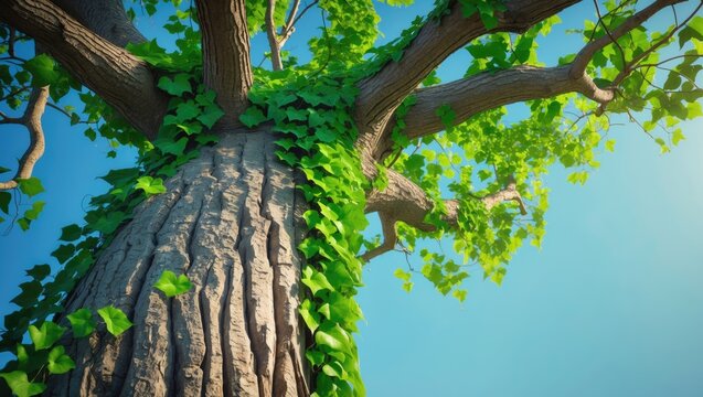 Invasive species of English ivy (Hedera helix) climbing a Garry oak (Quercus garryana) tree. - Powered by Adobe