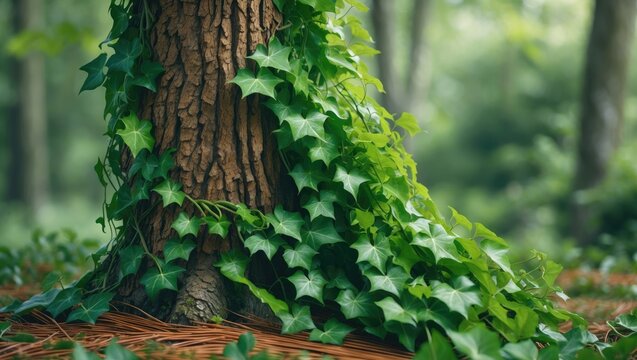 Common ivy growing up a white pine tree. Hedera helix, English ivy.