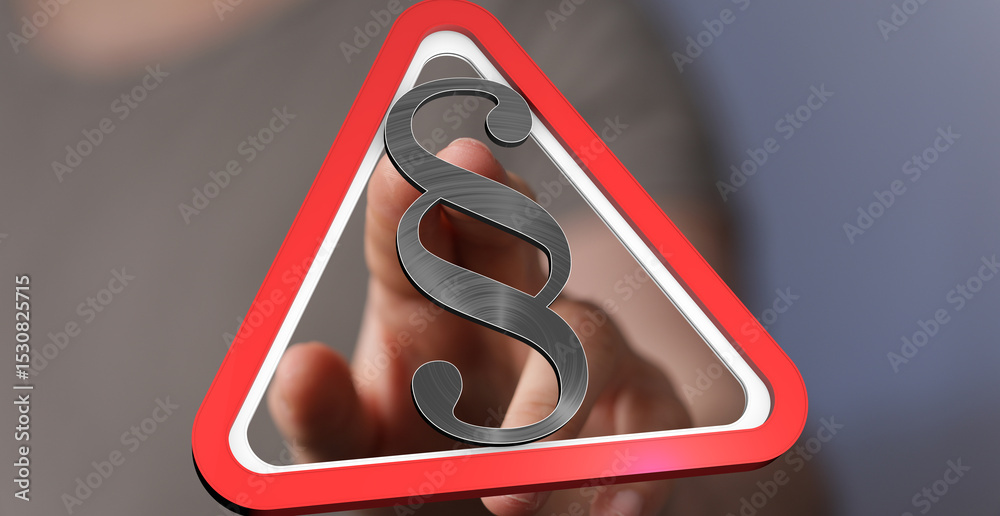 Poster stock photo of a hand interacting with a red triangle warning sign featuring a paragraph symbol, sig