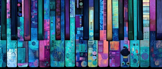 Abstract colorful piano keys with artistic patterns in blue, pink, and purple hues Creative musical instrument design with vibrant colors and unique textures for music lovers