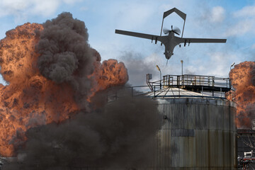 A drone in the sky above a burning oil refinery - a scene of attack and destruction. Fire, explosions and smoke create an atmosphere of disaster and military conflict.