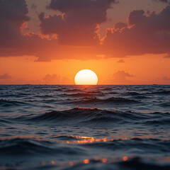 Close up sun behind louds view while sunset above sea