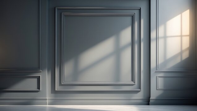 Contemporary gray classical square design on a wall functions as the background for the room.