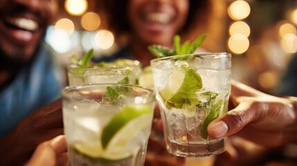 Close-up of mojito glasses mid-toast among cheerful friends..