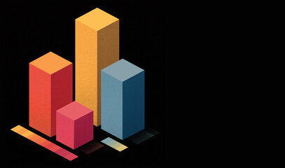 Abstract bar chart with colorful blocks on a black background with free copy space, possibly representing data visualization in a modern design.