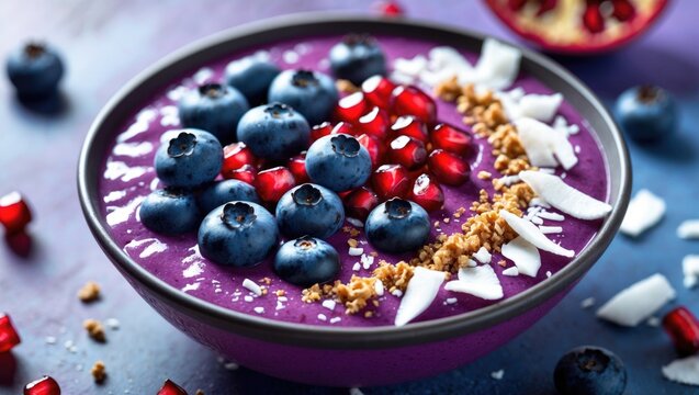 Concept of healthy food featuring acai smoothie, close-up view