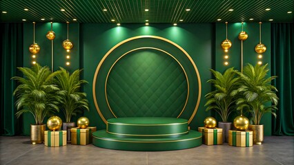 Elegant green luxury podium stage with gold decorations and indoor plants for product display
