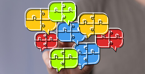 Teamwork, communication, and problem-solving concept.  Colorful puzzle pieces in speech bubbles.