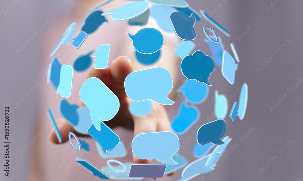 Poster Abstract image of speech bubbles surrounding a hand, symbolizing global communication and connection.