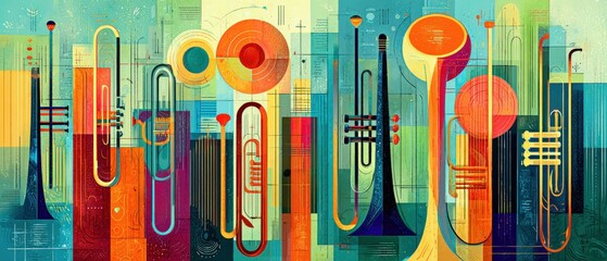 Fototapeta na wymiar Colorful abstract jazz music art featuring trumpets, trombones, and tubas in a vibrant, modern design Concept of musical instruments, symphony, and artistic expression