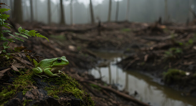 Solitary Green Frog Perched on Mossy Log in Misty Forest Clearing