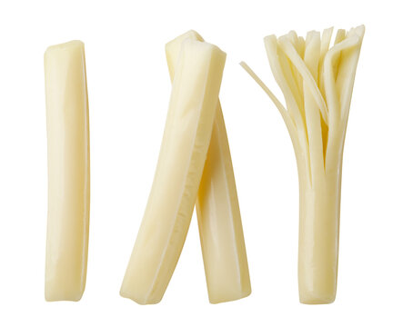 Set of string cheese sticks on a white background. Top view