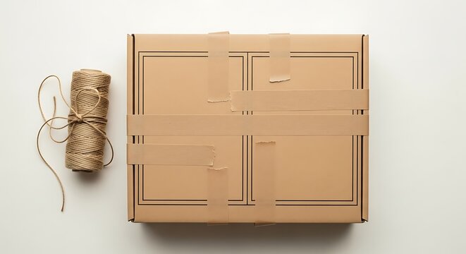 A wrapped cardboard box with a string roll, depicting shipping and packaging concept. 
