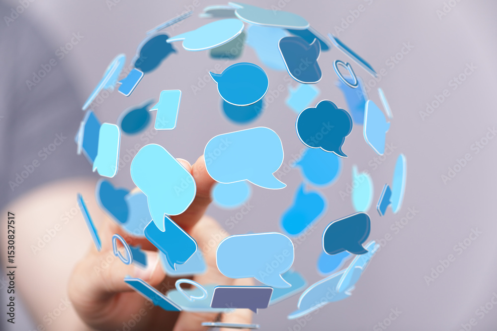 Poster Abstract image of a digital sphere with speech bubbles, symbolizing global communication and online interaction.