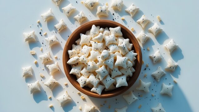 Crispy Lotus pops Seeds or Phool Makhana arranged in a wooden bowl viewed from above on a white background