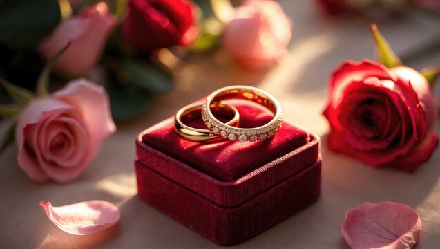 Creative love concept. Pink red rose petals stalks with a pair of gold wedding ring bands. Red rose and soft pink background.