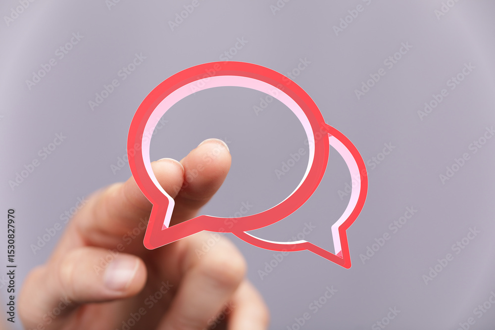 Poster abstract image of a finger interacting with speech bubbles, representing communication, conversation