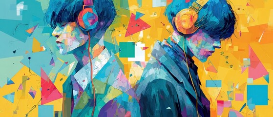 Artistic portrait of two Asian teenagers with headphones in vibrant abstract style, showcasing music and youth culture Concept of digital art, creativity, and modern lifestyle