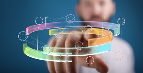 Stock photo of a person interacting with a futuristic holographic data display.