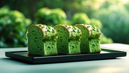 Crispy garlic bread slices garnished with fresh herbs, presented in a stylish black rectangular dish.