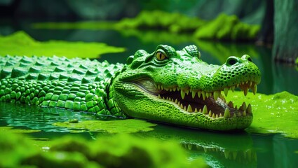 Crocodile in the green pond at the zoo.
