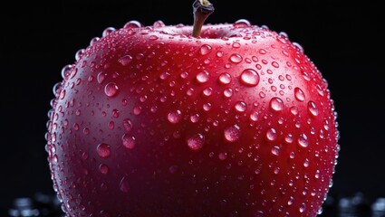 A macro image filling the frame of a vibrant apple with water drops beading on its peel, showcasing high contrast and a prominent highlight on the front of the fruit.