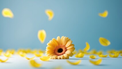 Creative layout constructed with yellow gerbera petals. Minimal nature mood background. Spring flowers theme. Flat lay. Copy space.