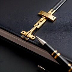 Naklejka premium A golden clasp gently locking a journal shut, resting beside a pen.