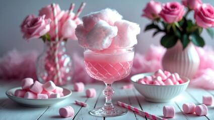 Cotton candy cocktail in glass, marshmallows, vase with pink roses and straws on white wooden table with background, space for text