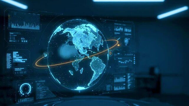 Futuristic digital globe interface displaying global data analytics in a modern office environment - Powered by Adobe