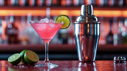 Cosmopolitan cocktail drink presented with lime and ice.