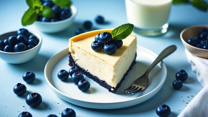 Slice of cottage cheese cheesecake topped with fresh blueberries, viewed from above