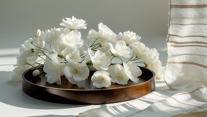 Cosmetics skin care product presentation scene arranged with an empty wooden tray and white flowers on a bathroom shelf. Studio photography.