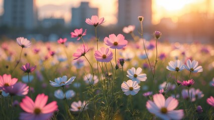 Cosmos flowers are blooming at sunset.