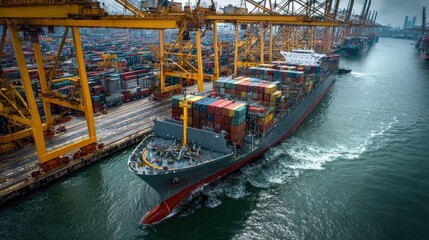 Container ship leaving busy customs dock at international shipping terminal.