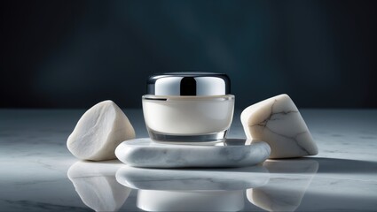 Cosmetic cream container with shades resting on marble surface