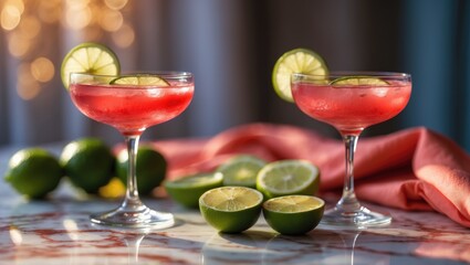 Cosmopolitan cocktail with lime served in glasses on the table.