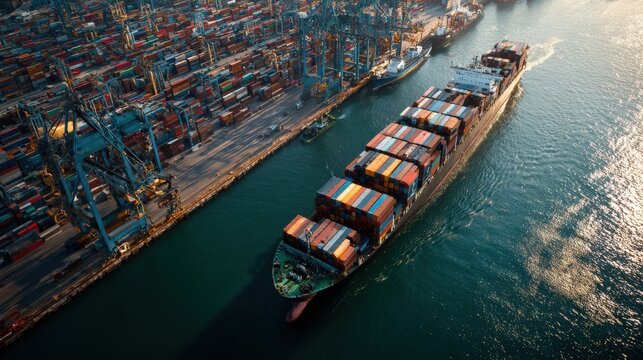 Container ship leaving busy customs dock at international shipping terminal.