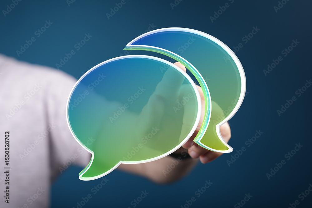 Poster Abstract image of a hand interacting with translucent speech bubbles, symbolizing communication, dialogue, and connection.