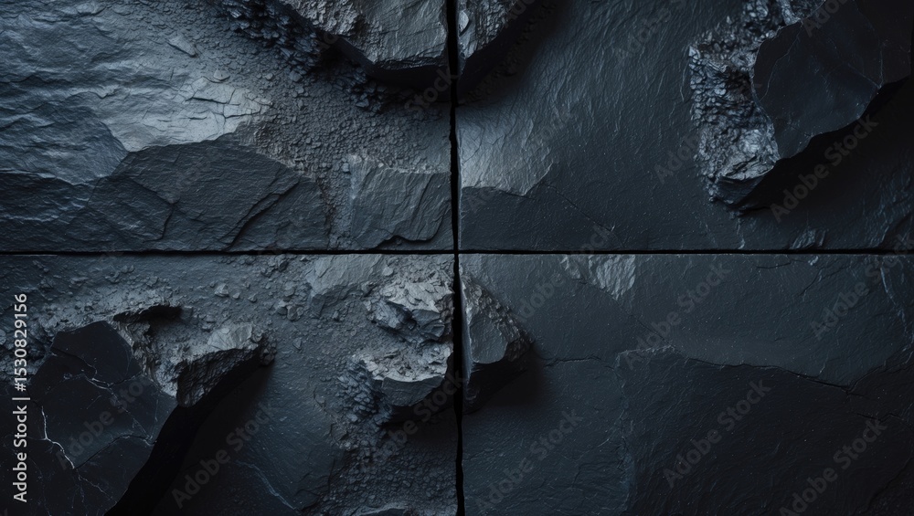 Poster black slate texture with an uneven rough surface displaying height differences, viewed from above.
