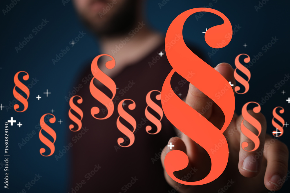 Poster abstract image of a person interacting with digital paragraph symbols, representing legal tech or on