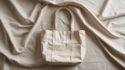 Blank beige mockup linen cotton tote bag on linen fabric. Eco-friendly and nature-conscious fashion. Environmental preservation and recycling idea.