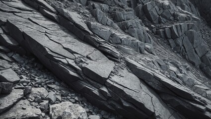 Fototapeta premium Black white rock texture showing mountain surface details. Close-up of gray rocky stone background.