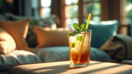 A glass of iced black tea combined with ginger ale, lemonade, and soda, garnished with lemon slices and mint, on the table with sunshine and empty space. Summer drink concept.