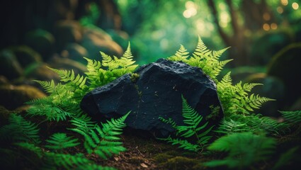 Black stone and green leaves serve as the background.