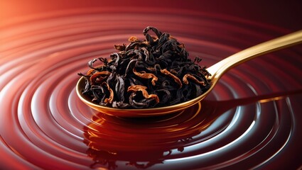 Black tea and a golden teaspoon on a gleaming table