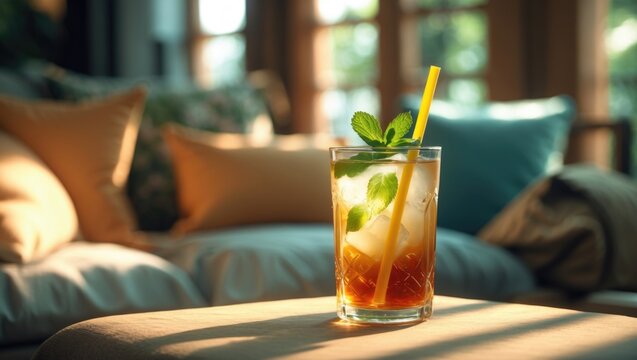 A glass of iced black tea combined with ginger ale, lemonade, and soda, garnished with lemon slices and mint, on the table with sunshine and empty space. Summer drink concept.